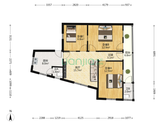 月眉池巷 3室1厅2卫 85平方