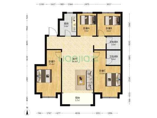 梦湖花镜孔雀城 4室1厅2卫 140平方