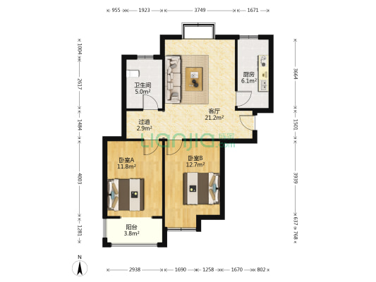 东方花苑 2室1厅1卫 91平方