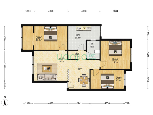双和社区44号院 3室1厅1卫 106平方