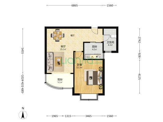 静安锦都 1室1厅1卫 72平方