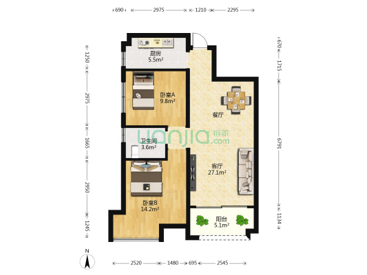 蓝天金地 2室1厅1卫 84平方