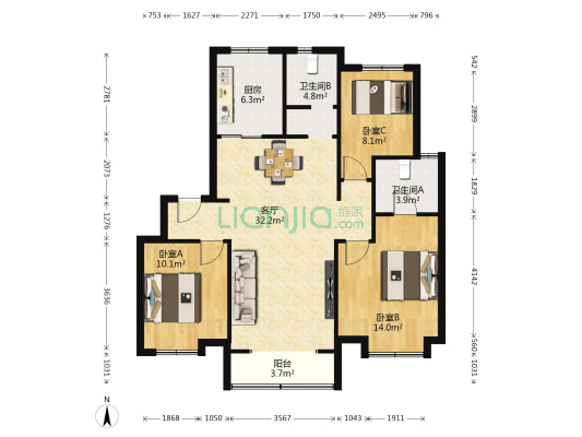 卓越云门 3室1厅2卫 112平方