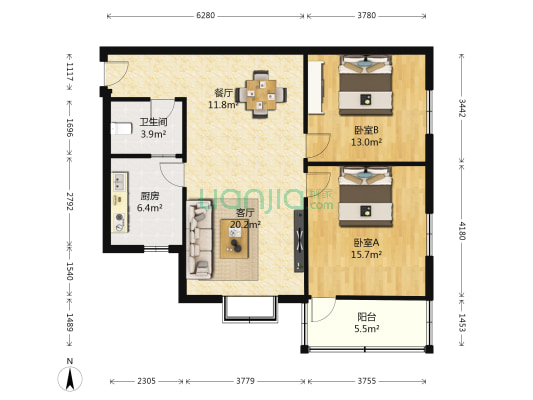 万里城市公馆 2室2厅1卫 108平方