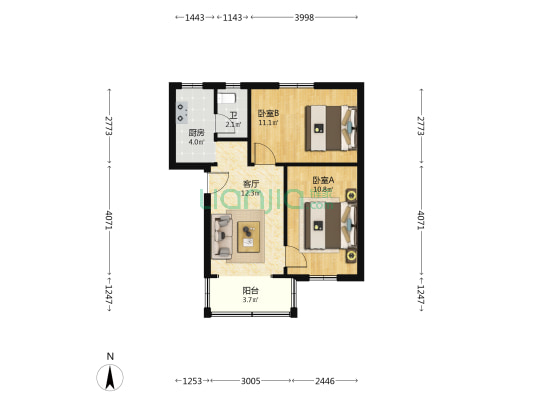 半导体研究院宿舍 2室1厅1卫 54平方