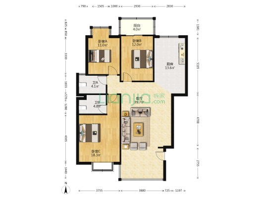 永隆城市广场 3室1厅2卫 126平方
