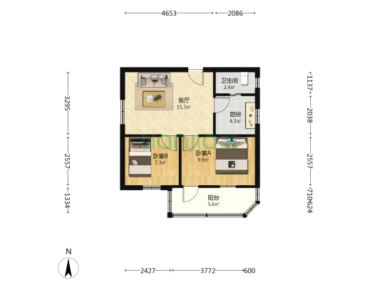 大金钟路38号大院 2室1厅1卫 53平方