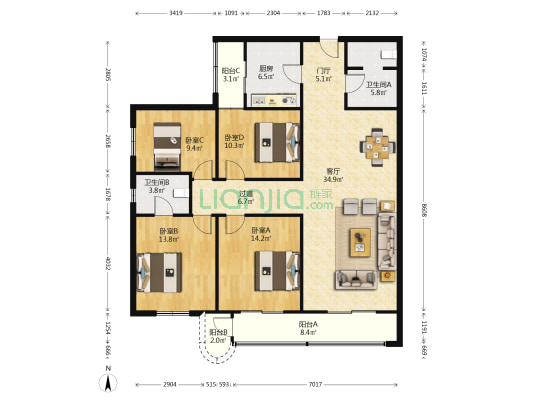 红缨路53号 4室1厅2卫 161平方