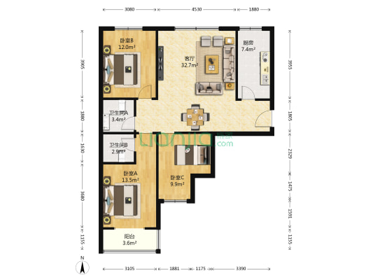 天秀花园南区 3室1厅2卫 115平方