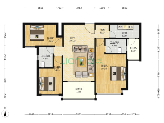 恒大御湖园 3室1厅2卫 130平方