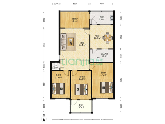 中级法院宿舍 4室2厅2卫 118平方