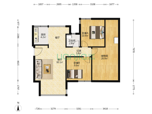 大城小院 2室1厅1卫 94平方