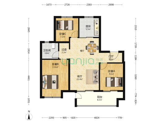 龙湖华亨天玺 3室1厅1卫 96平方