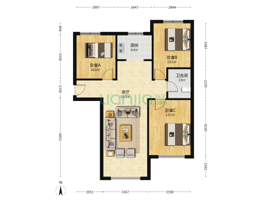 K2狮子城南区 3室1厅 南 北-户型图