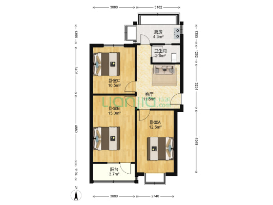 结核病医院宿舍 3室1厅1卫 74平方