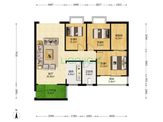 麒鑫阳光花园 3室1厅1卫 120平方