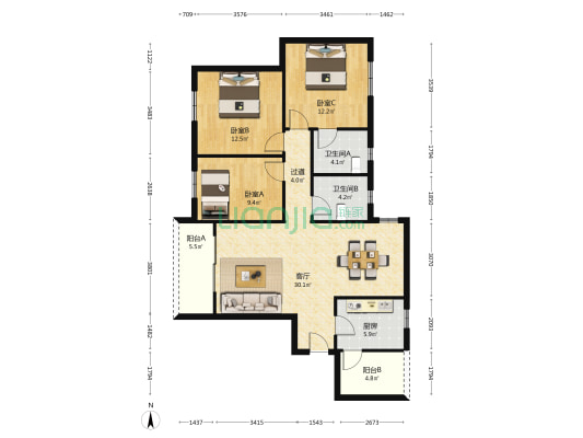 新庆花园 3室1厅2卫 119平方