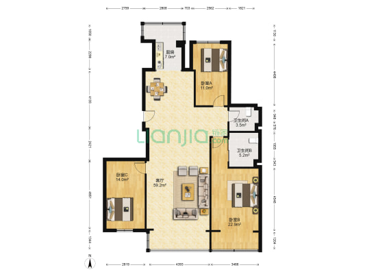 伊河家园 3室1厅2卫 156平方