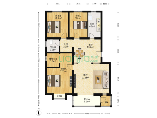 东菜园社区 3室2厅1卫 124平方
