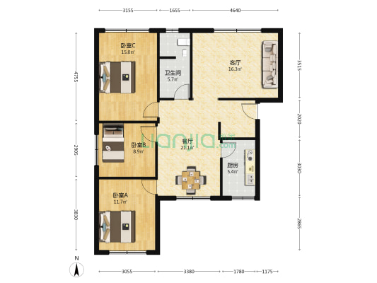 桂香园 3室2厅1卫 107平方