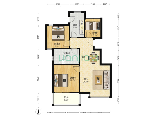 保利维拉家园 3室1厅1卫 85平方