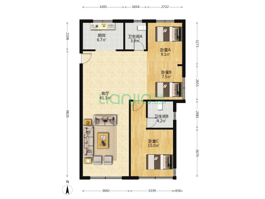 鲁商富景花园 3室1厅2卫 125平方