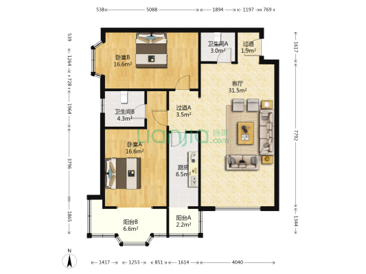 嘉海花园 2室1厅2卫 122平方