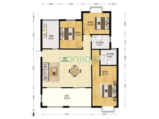 景瑞荣御蓝湾 3室1厅2卫 137平方