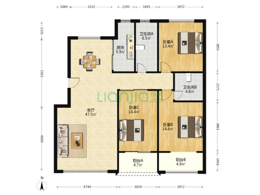梧桐望江花园 3室1厅2卫 147平方