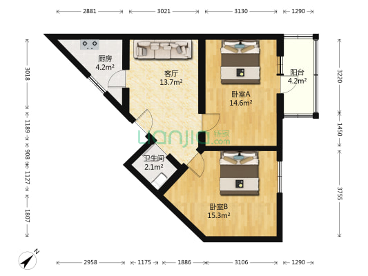 文慧园路2号院 2室1厅1卫 64平方