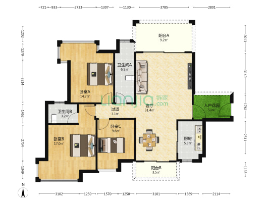 源江花园 3室1厅2卫 124平方