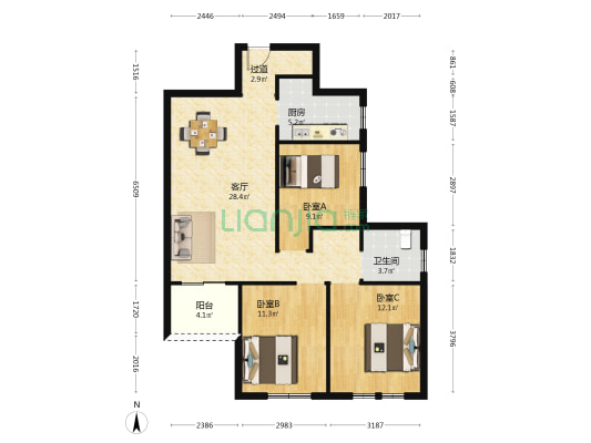 东湖景园B区 3室1厅1卫 100平方
