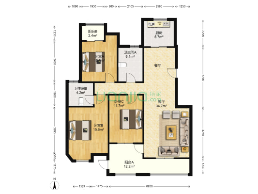 恒大首府 3室1厅2卫 128平方