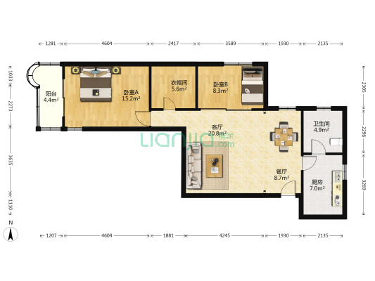 康健公寓 2室2厅1卫 107平方