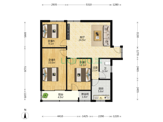 颐远山庄 3室1厅2卫 92平方
