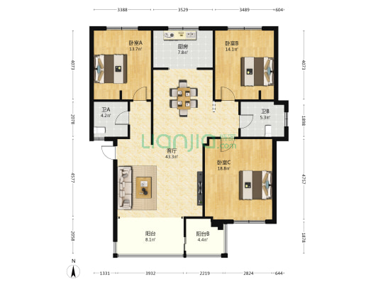 胜地名苑东区 3室1厅2卫 143平方