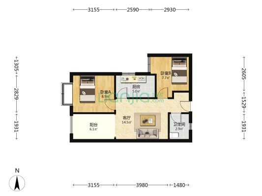 南河路一段270号 2室1厅1卫 54平方
