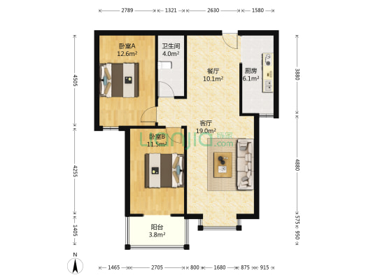 满二，两居室，集中供暖，采光好，优质房源！-户型图