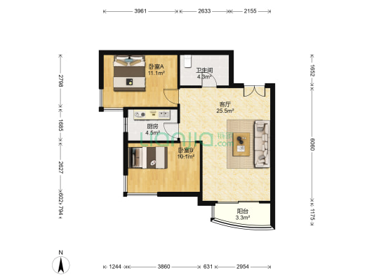 沈阔家园 2室1厅1卫 90平方