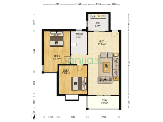 红光精品花园 2室1厅1卫 91平方