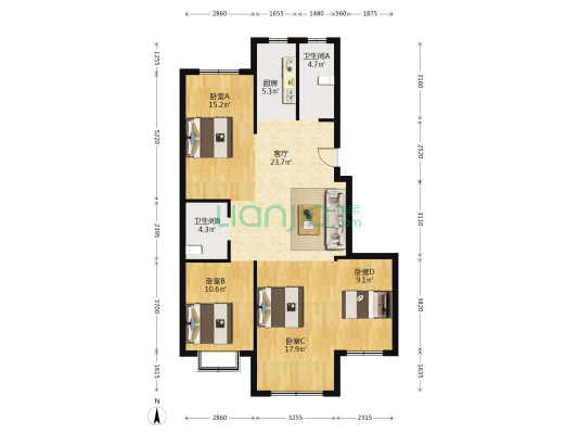 居佳领海 4室1厅2卫 125平方