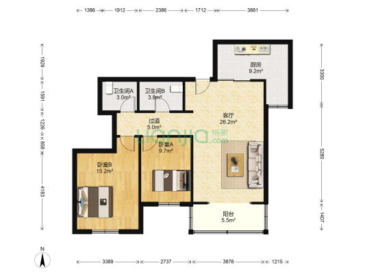 新禧苑 2室1厅2卫 102平方