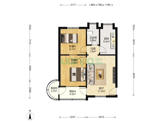 长沙市直属机关宿舍 2室1厅1卫 66平方