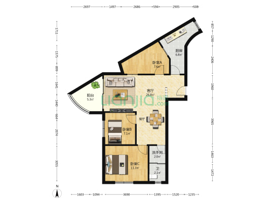 正圆花园 3室1厅2卫 89平方
