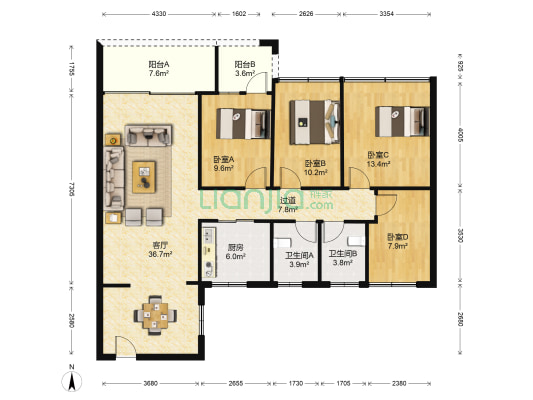 嘉信广场 4室1厅2卫 135平方