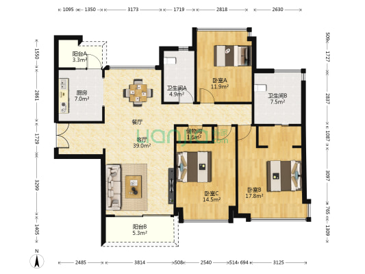 天荟悦麓 3室1厅2卫 154平方