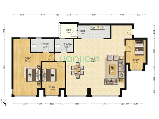 财信北滨壹品 3室1厅2卫 163平方