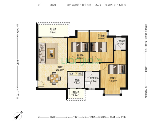 长江源阳光汇 3室1厅2卫 93平方