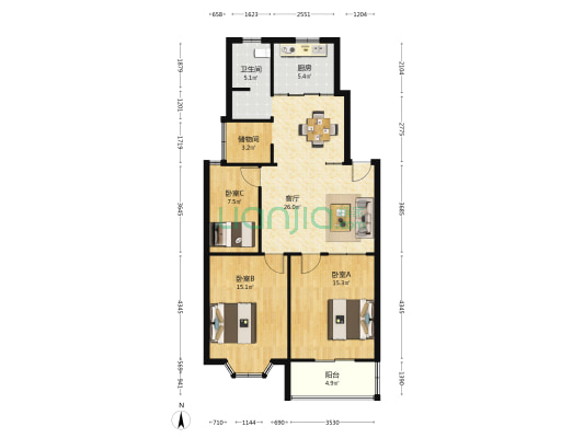 嘉华花园 3室1厅1卫 97平方