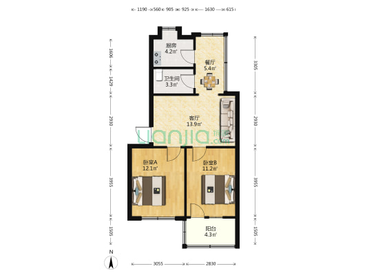 带湖路17号 2室2厅1卫 63平方